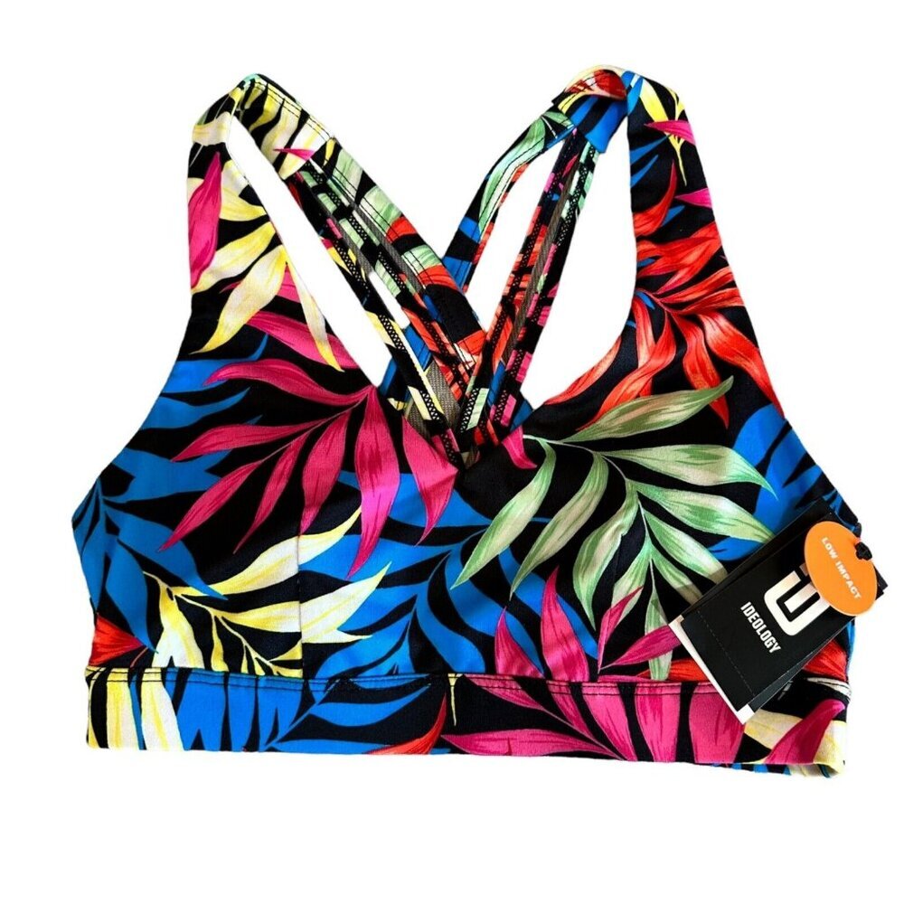 ID Ideology Womens Size XS Fern Low Impact Sports Bra Black Tropical Strappy NWT